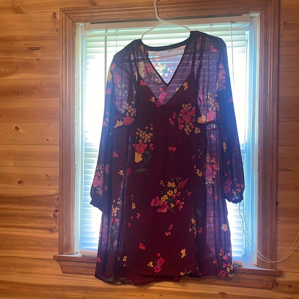 Maroon and floral print, long sleeve, medium, Old Navy Dress